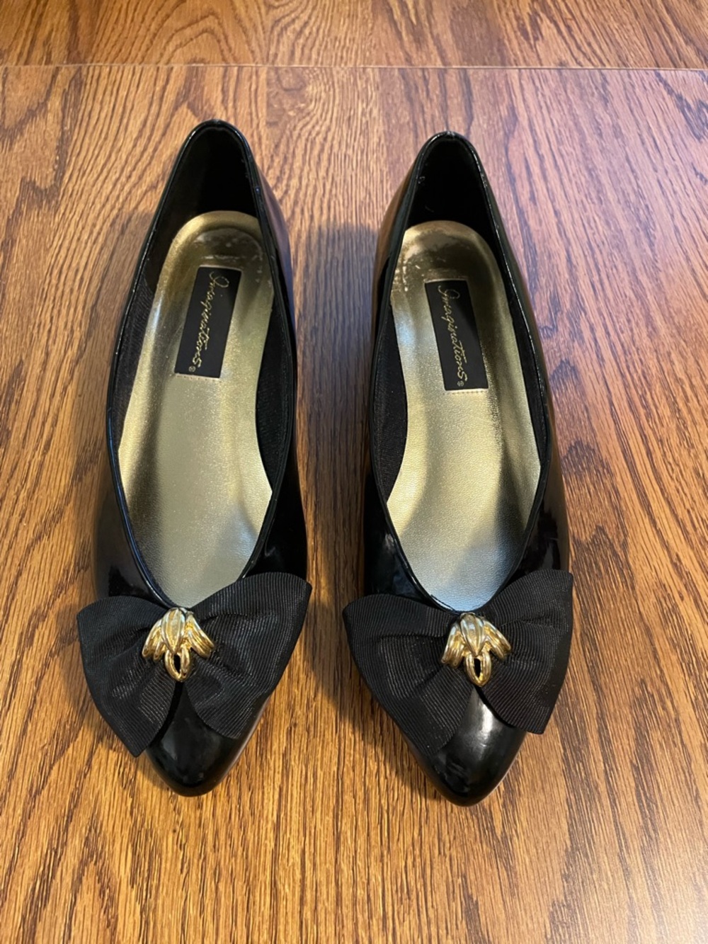 Vintage Black Heels Bow Gold Coquette Old Money Preppy 6.5 Ballet Lolita Nice!